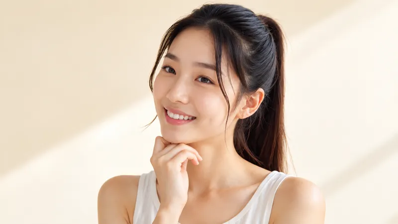 浅色背景下，手托下巴、面带微笑的女性。