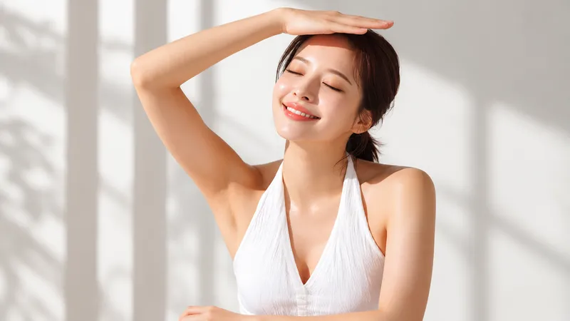 Smiling woman raising her hand above her head in bright light.