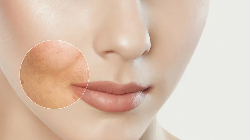 Close-up of a woman’s cheek with magnified uneven skin tone.