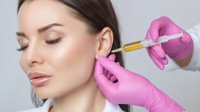 Patient receiving ear filler treatment.
