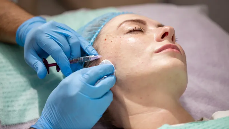 Close-up of a skin pigmentation injection being administered to a patient's face