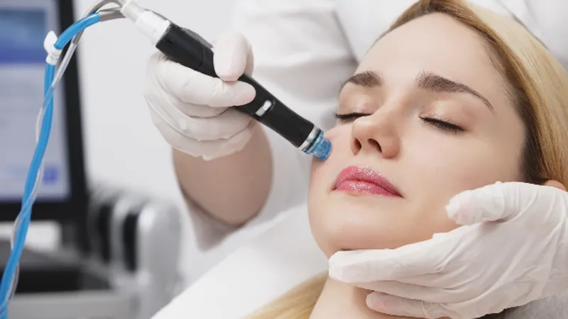 Patient receiving laser treatment for facial wrinkles.