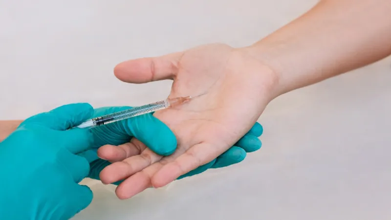 Medical practitioner administering botulinum toxin injections for palmar hyperhidrosis into the patient's palm