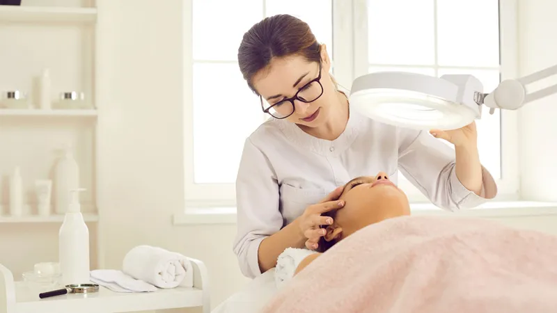 Practitioner examining a woman’s face under a magnifying lamp.