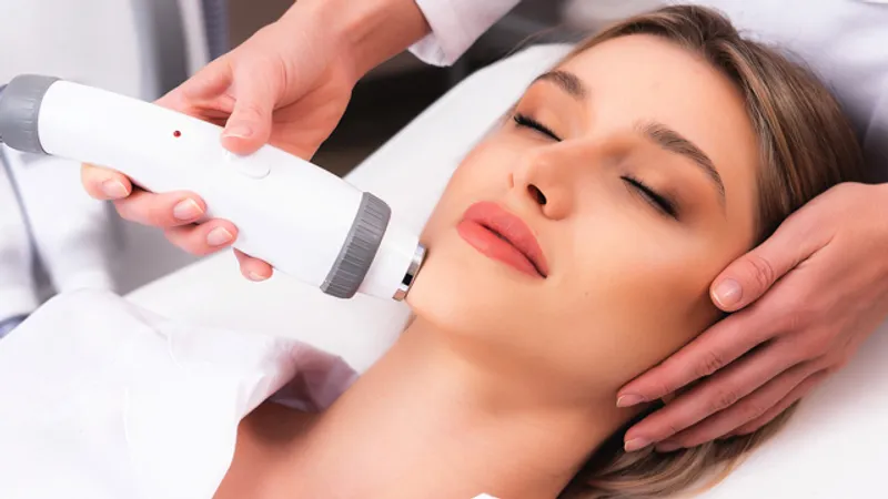 Practitioner using a handheld device on a reclining woman’s jawline.
