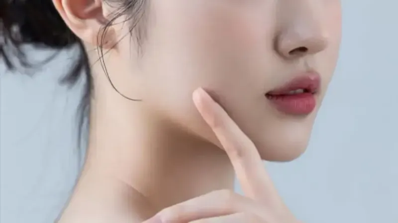 Woman touching her jawline against a light background.