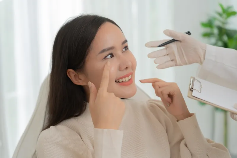 Woman discussing facial concerns with a practitioner during a consultation.
