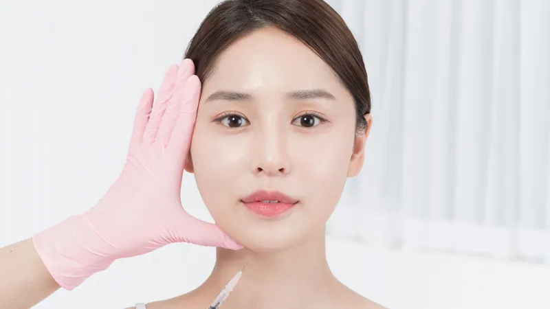 Practitioner wearing gloves holding a syringe near a woman’s chin.