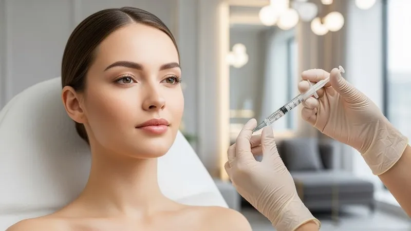 Practitioner holding a syringe near a woman’s face while wearing medical gloves.