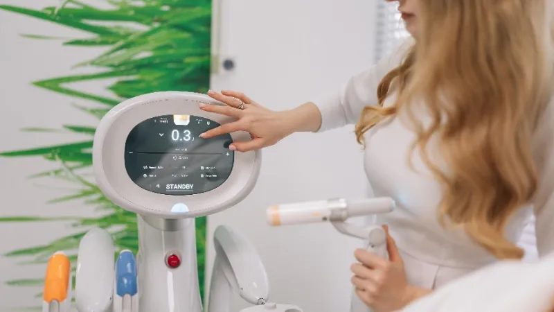 Practitioner operating a medical device with a handheld applicator.
