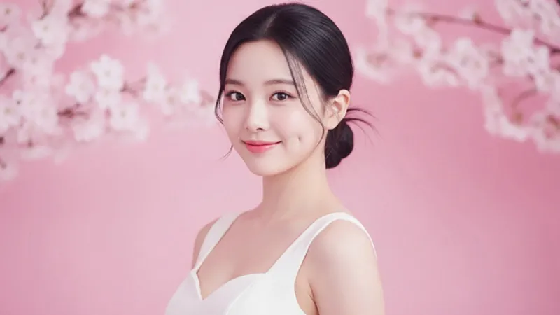 Woman with dark hair facing the camera against a pink floral background.