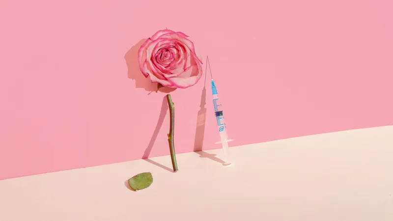Pink rose and syringe arranged against a pink background.