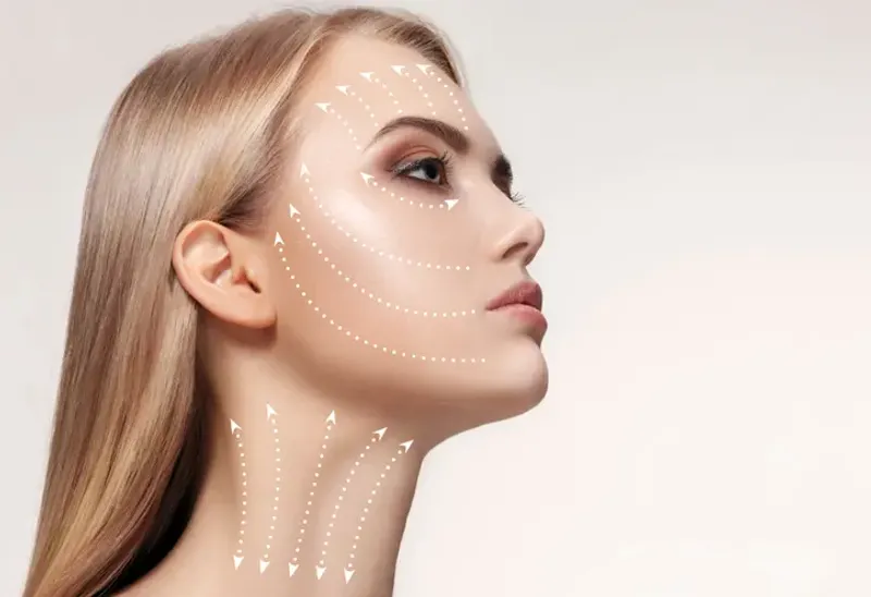 Illustration of facial contouring and aesthetic plastic surgery planning, highlighting facial and neck areas commonly addressed in cosmetic plastic surgery procedures such as facelift, neck lift, and facial aesthetics.