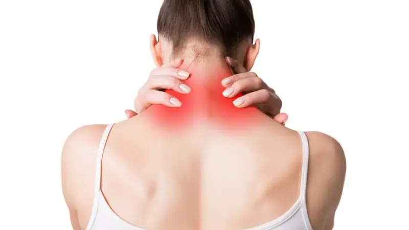 Patient experiencing neck and shoulder pain, representing pain management and anesthesiology care focused on pain medicine and perioperative safety support.