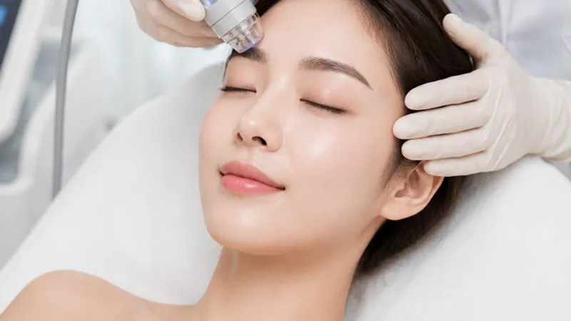 Patient receiving Eye XERF Airderm treatment for brow positioning concerns.
