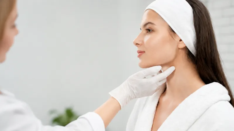 Woman undergoing a facial assessment during an initial consultation for XERF Airdem Rebalanced Lifting treatment.