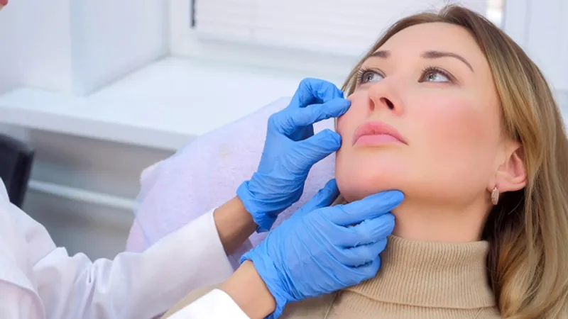 Doctor assessing a patient’s facial skin during a Shock Wave Altight White Balanced Lifting consultation.