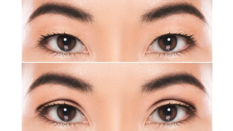Two-panel close-up of a woman