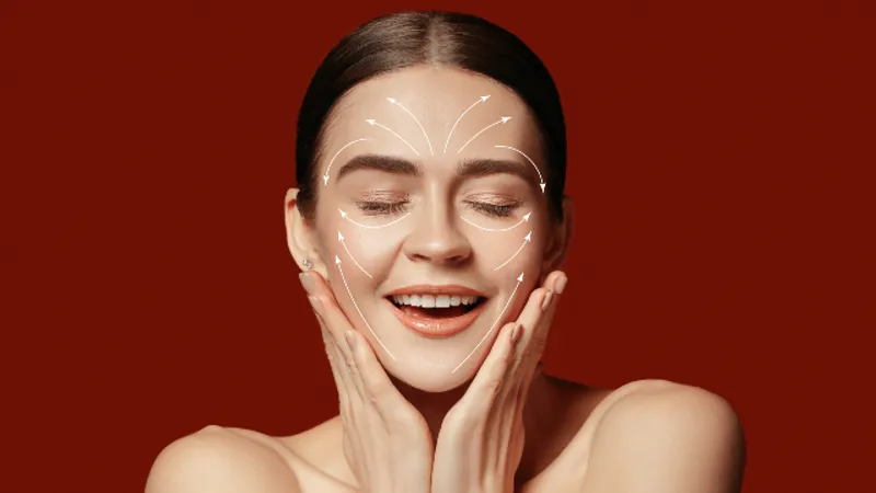Woman illustrating facial lifting and contouring areas during a thread lift treatment recovery period.