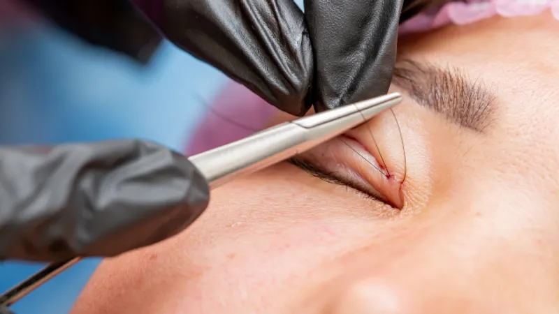 Patient getting stitches placed during ptosis correction surgery