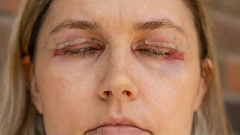 Blepharoplasty recovery showing typical post-operative swelling and sutures around the eyelids in the first week after eyelid surgery