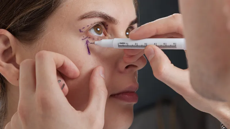 Patient receiving lower blepharoplasty markings before surgery.