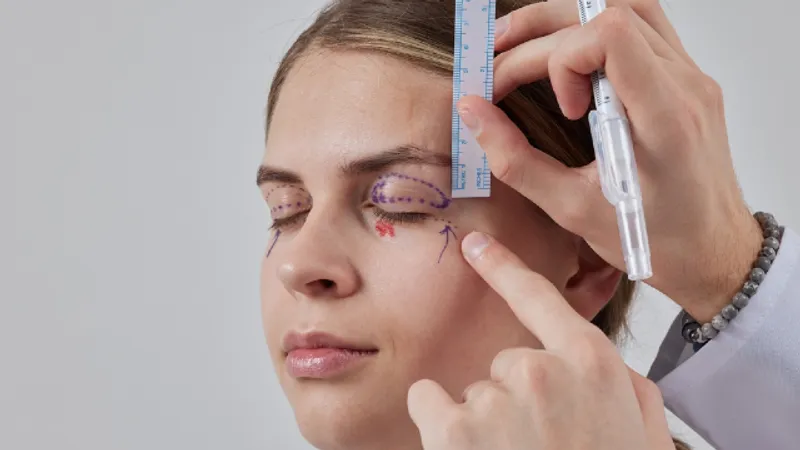 Pre-surgery eyelid markings: dotted purple lines drawn on a patient’s closed upper eyelids to plan blepharoplasty