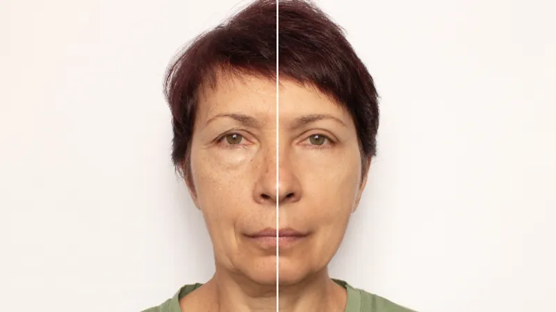Before-and-after comparison showing lower eyelid appearance following lower blepharoplasty surgery.