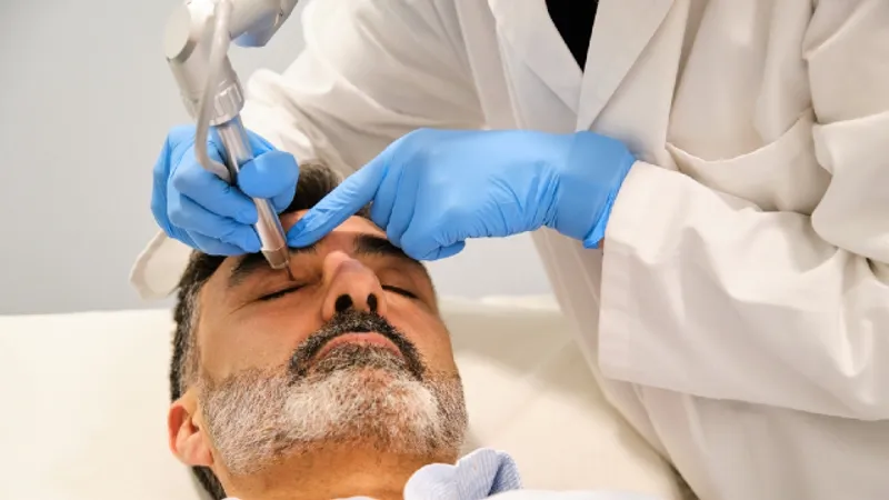 Middle-aged man undergoing upper blepharoplasty eyelid surgery by plastic surgeon