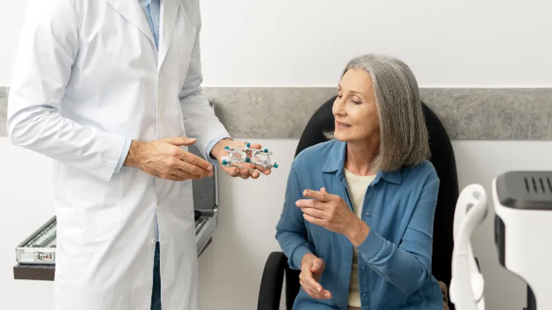 Doctor examining a patient’s eyes during a consultation for eye surgery.