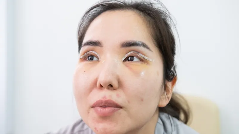 Patient during blepharoplasty recovery showing post-operative eyelid tape, swelling, and bruising