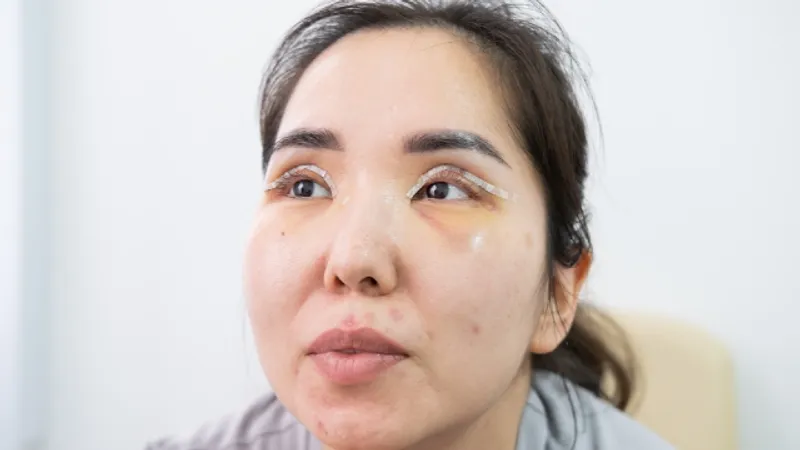 Woman with stitches and bruising after eyelid surgery