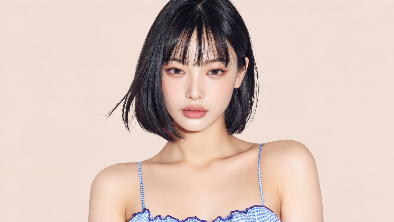 Woman with short black bob hair and bangs wearing a blue checkered top against a soft peach background.