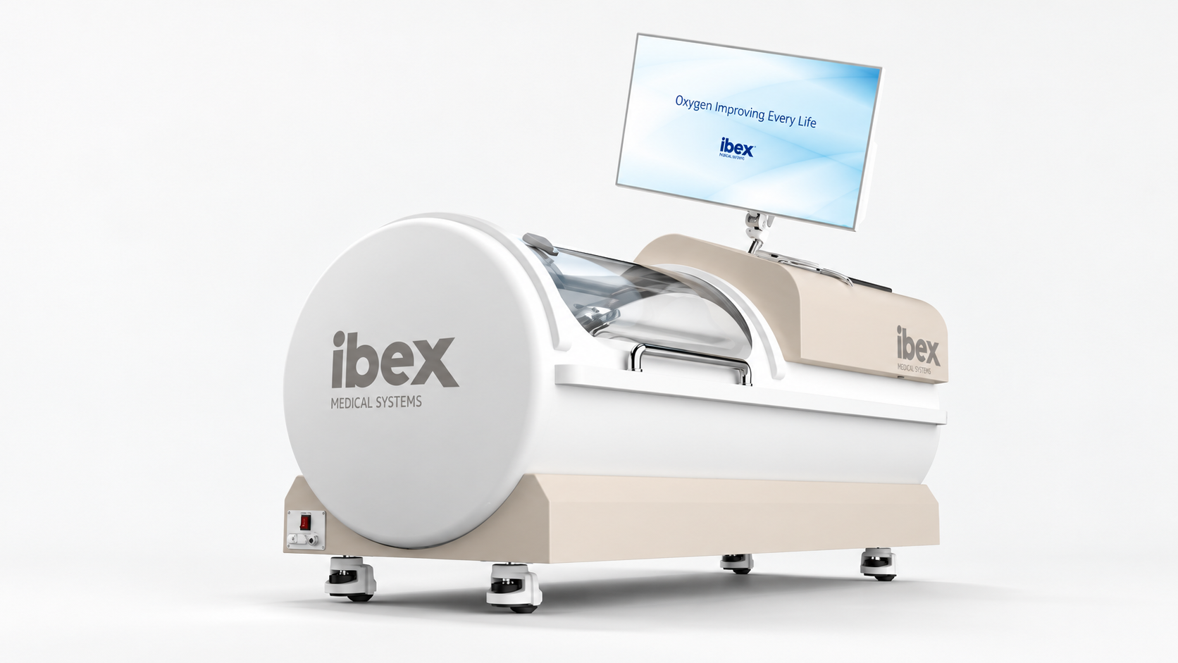 ibex Medical Systems hyperbaric oxygen therapy chamber with monitoring screen.