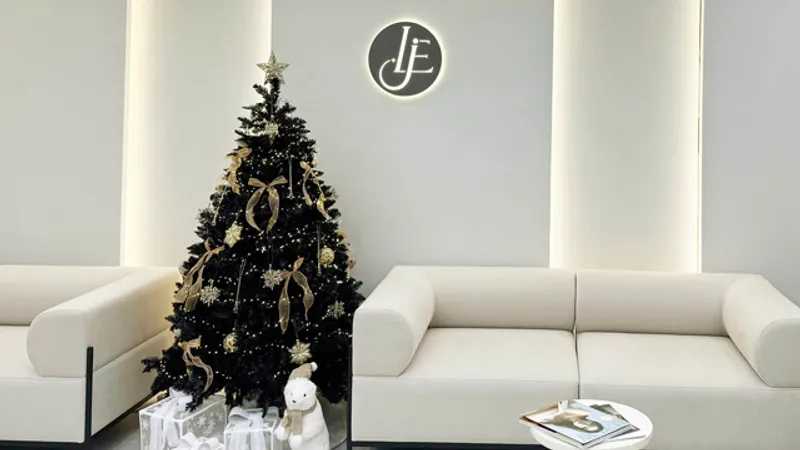 Waiting area at Le.J Plastic Surgery with white seating and a Christmas tree.
