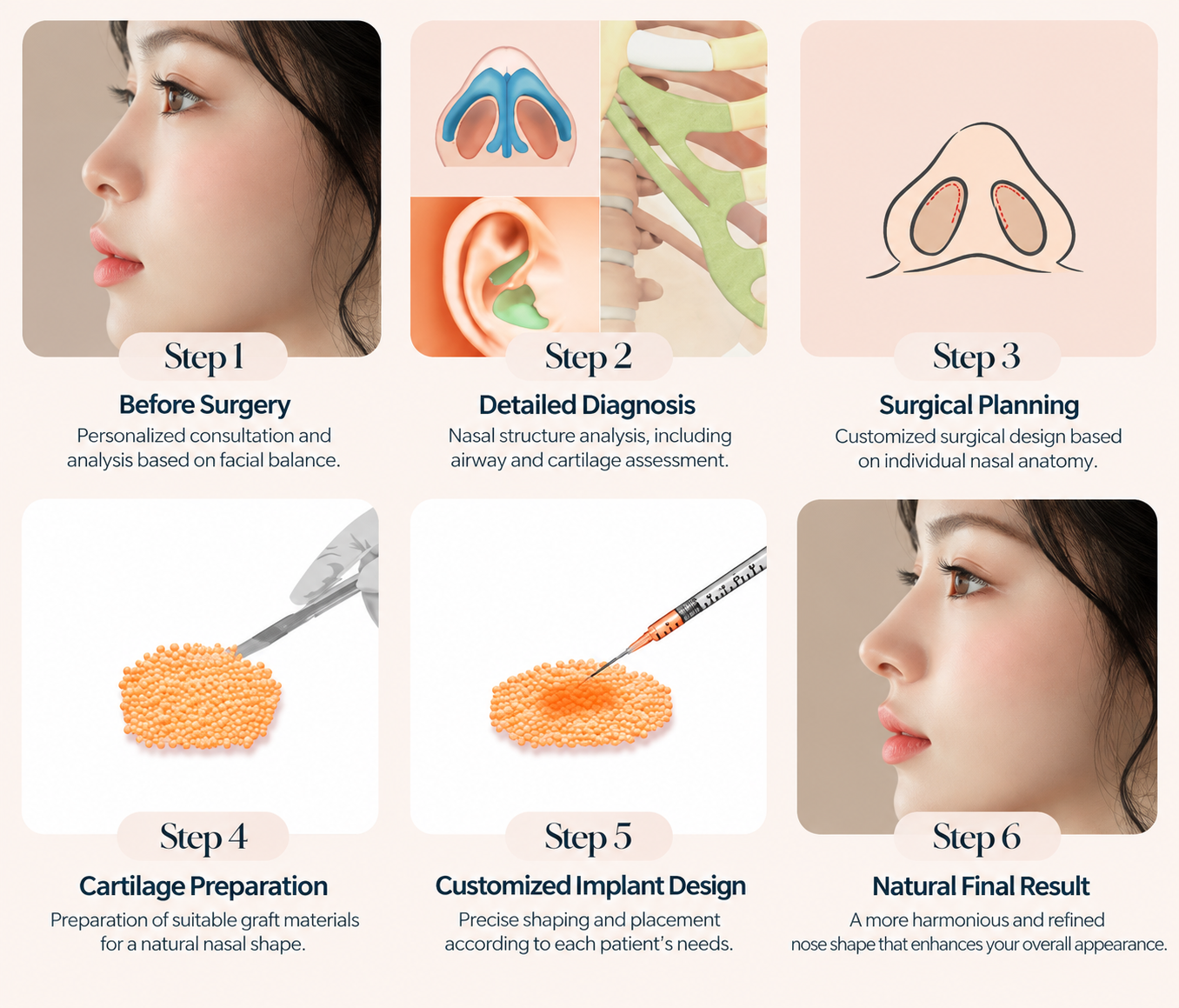 Infographic showing consultation, nasal diagnosis, surgical planning, cartilage preparation, and final result.