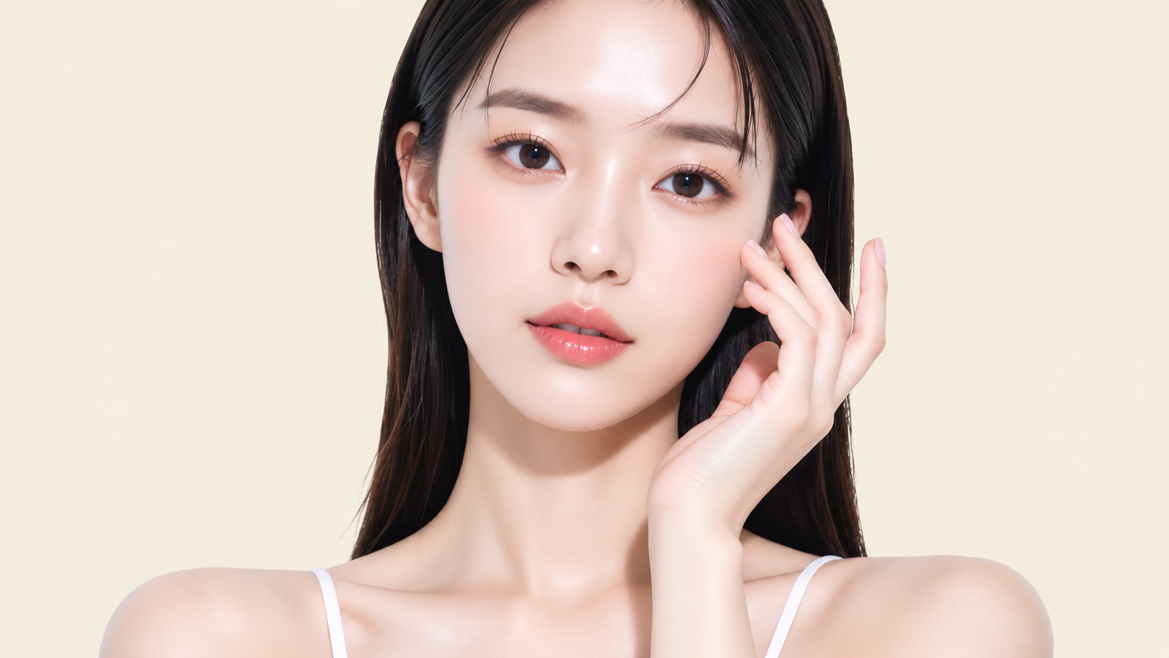 Woman with dark hair touching her cheek against a light background.