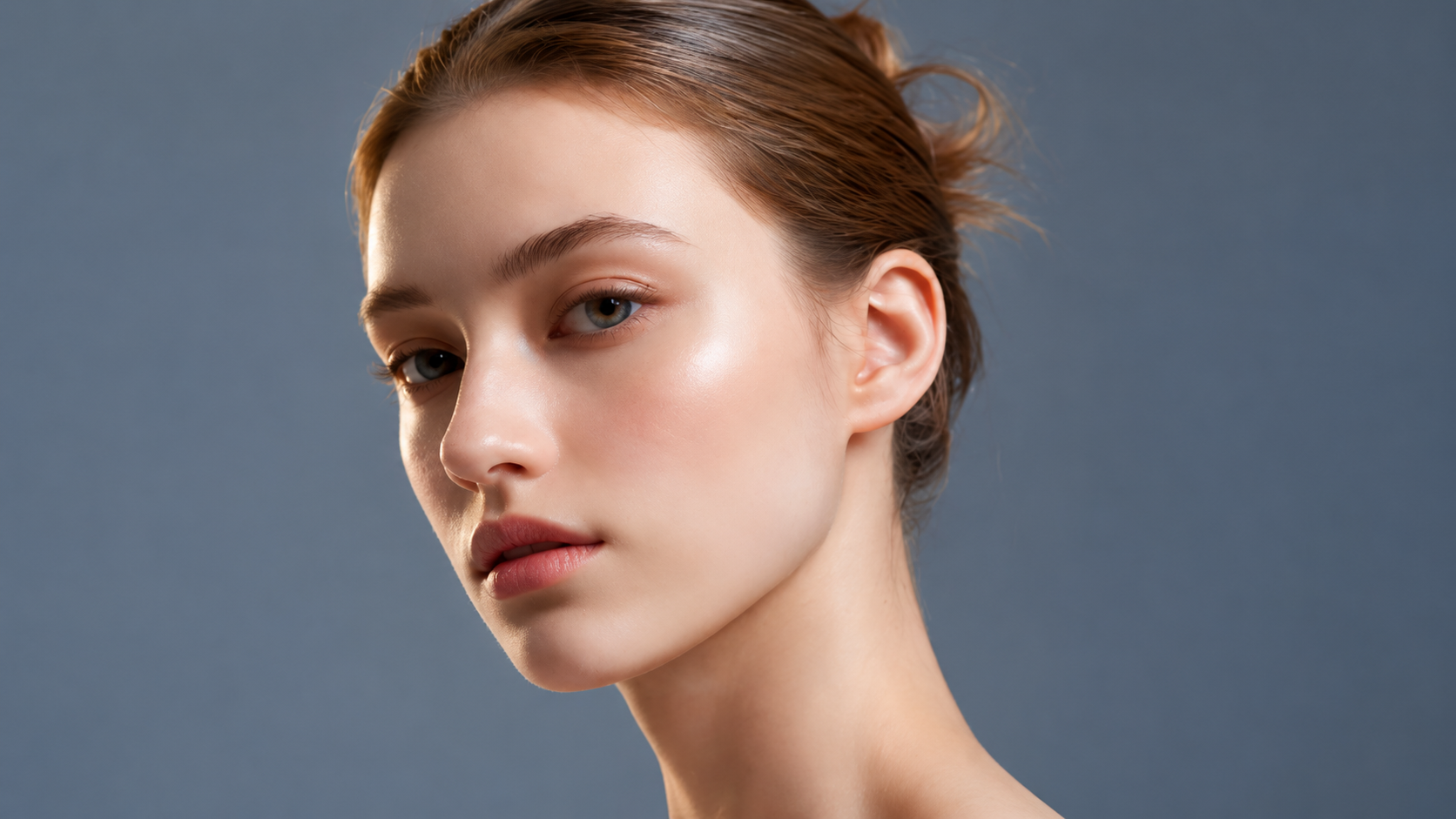 Woman with brown hair facing the camera against a gray background.