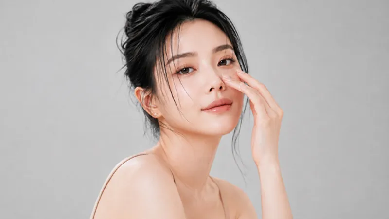 Woman touching the side of her nose against a light background.