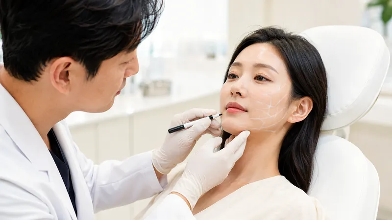 Practitioner marking a woman’s face for a treatment plan.