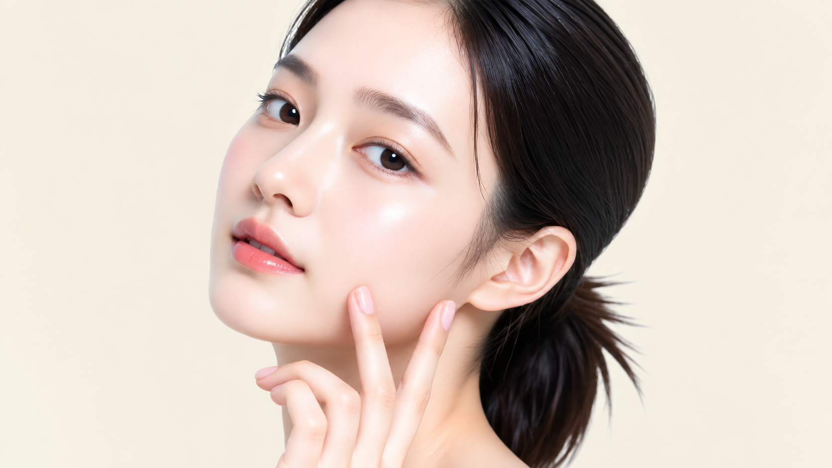 Woman touching her jawline while facing the camera.