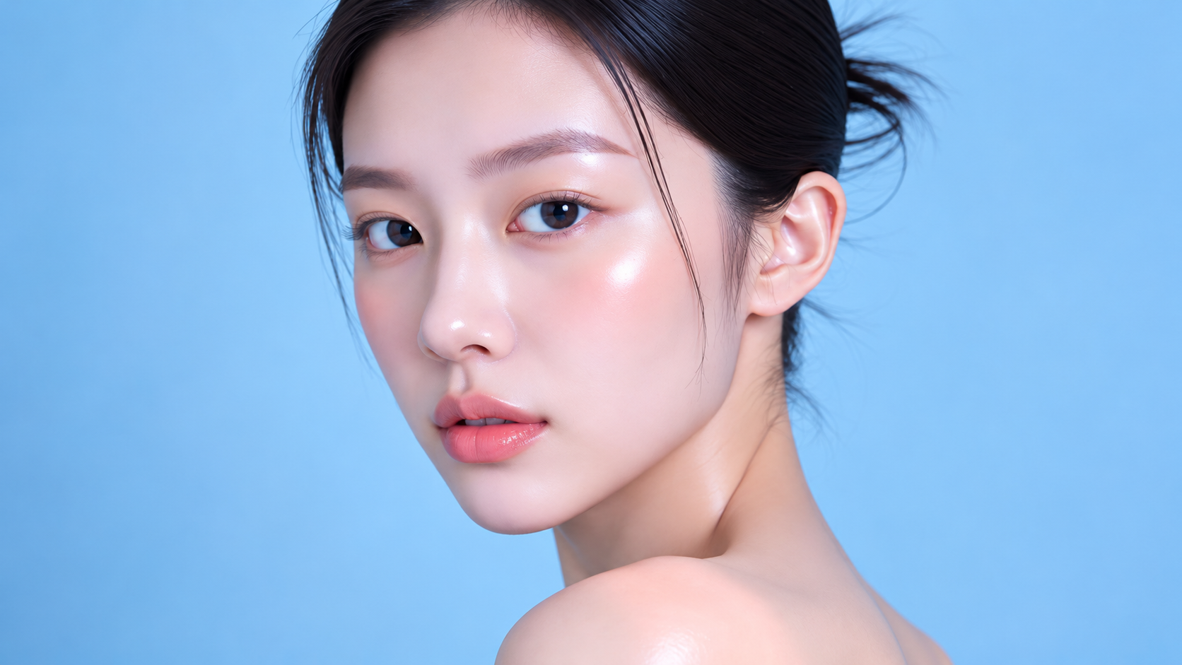 Woman with dark hair looking toward the camera against a blue background.