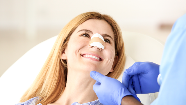 Patient recovering after rhinoplasty surgery with a nasal dressing while a doctor examines her face.