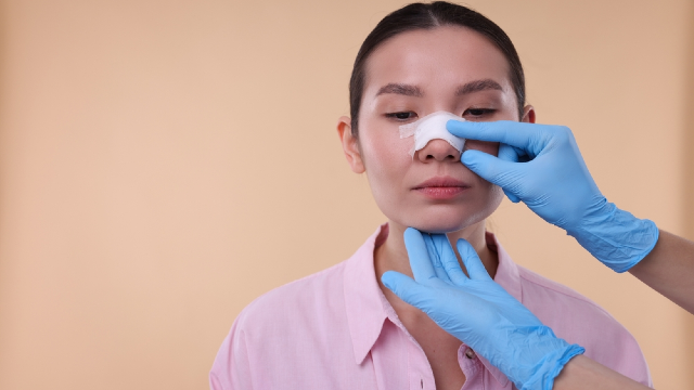 A surgeon examining a woman's nose after rhinoplasty surgery
