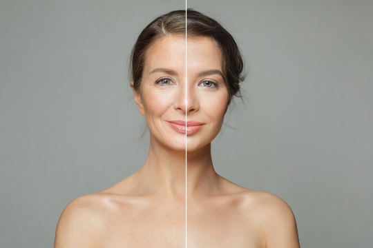Before-and-after comparison showing changes in skin firmness and facial contour following Thermage FLX radiofrequency treatment.