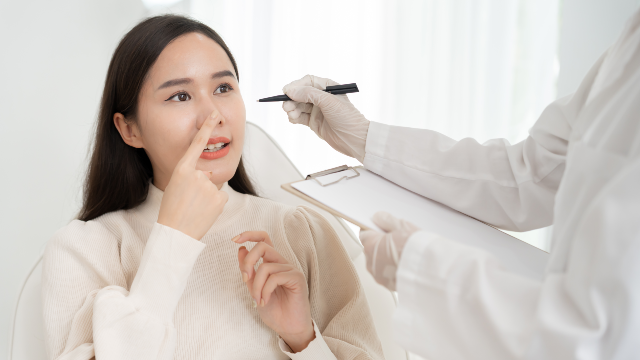 Doctor explaining rhinoplasty risks and surgical details to a patient during a preoperative consultation.