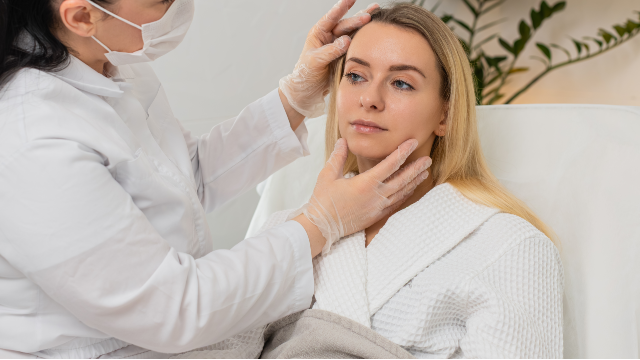 Doctor examining a patient’s face during an assessment for microfocused ultrasound treatment.