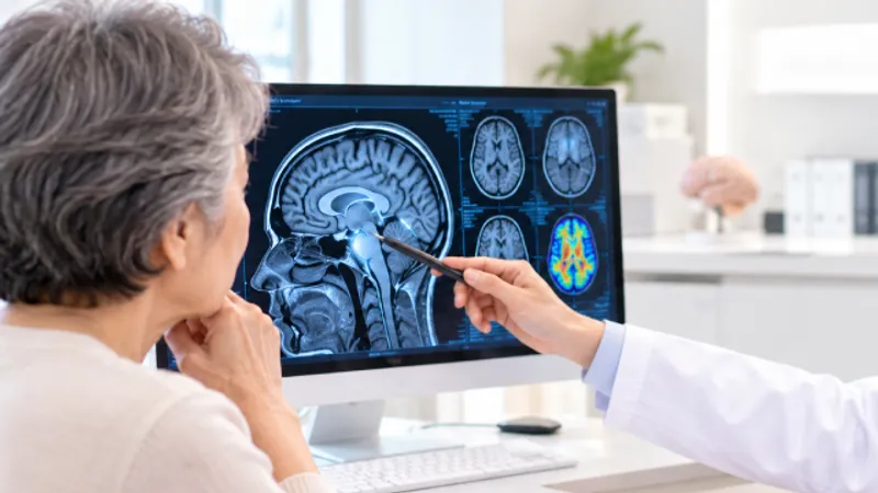 Older woman undergoing a memory loss evaluation while a doctor reviews a brain MRI scan on a monitor.